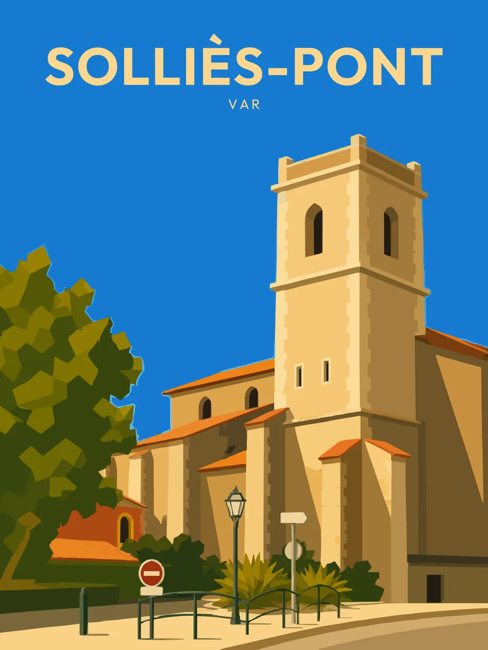 Illustration de Solliès-Pont, dans le département de Var, réalisée dans un style d'affiche touristique vintage. L'image présente l'église de Solliès-Pont avec son clocher distinctif, entourée d'une végétation verdoyante et d'un ciel bleu éclatant. La composition met en avant l'architecture locale, avec des murs en pierre et des toits en tuiles. Les formes géométriques et les aplats de couleurs contribuent à un style graphique rétro. Solliès-Pont est remarquable pour son patrimoine historique et son ambiance provençale. Le patrimoine local est à la fois riche et accessible.