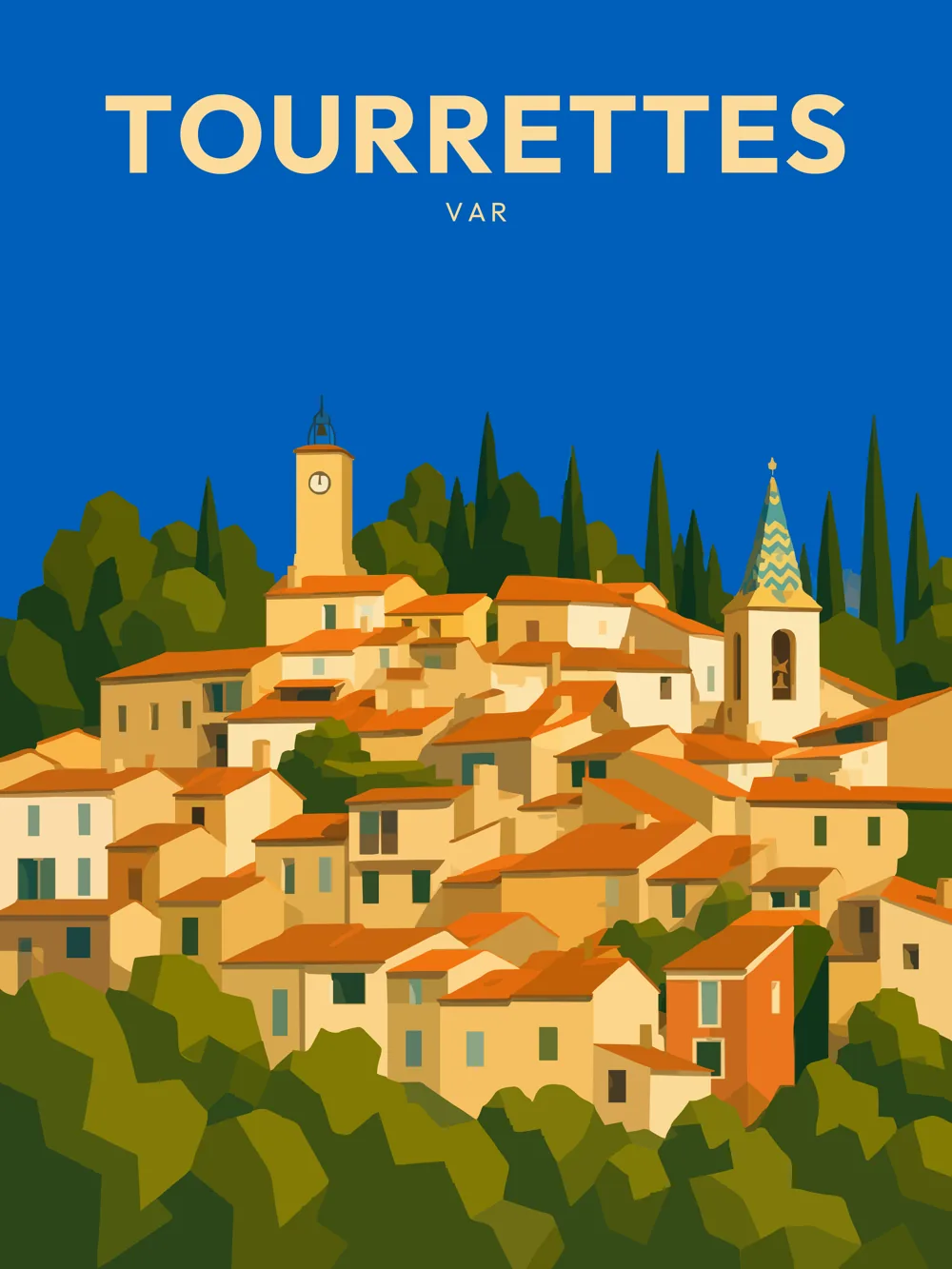 Illustration de Tourrettes, dans le département du Var, réalisée dans un style d'affiche touristique vintage. La composition montre le village perché sur une colline, avec des maisons aux teintes chaudes et des toits en tuiles, surmontées d'un ciel bleu vif. Le clocher et les arbres verdoyants ajoutent une touche de nature. Tourrettes est un village typique de la Provence-Alpes-Côte d'Azur, connu pour son atmosphère paisible et son patrimoine architectural. Le charme de ce village est un véritable atout pour le patrimoine local.