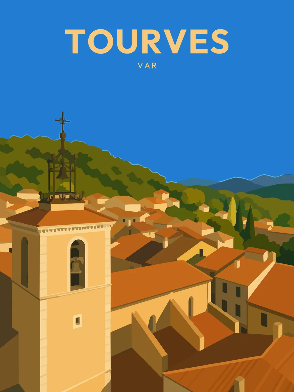 Illustration de Tourves, dans le département de Var, réalisée dans un style d'affiche touristique vintage. L'image met en avant le clocher d'une église, dominant un ensemble de toits en tuiles rouges, tandis que des collines verdoyantes et des montagnes s'étendent en arrière-plan. Les couleurs chaudes et les aplats de couleur évoquent une atmosphère méditerranéenne. Tourves est remarquable pour son patrimoine architectural et ses paysages naturels, offrant une immersion dans l'authenticité provençale.