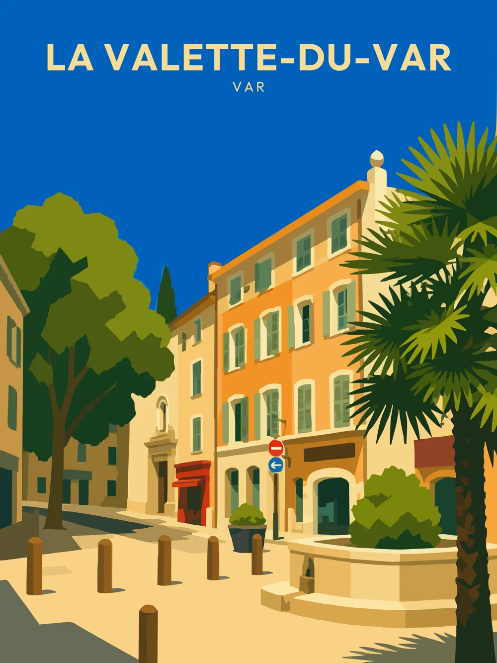Illustration de La Valette-du-Var, dans le département du Var, réalisée dans un style d'affiche touristique vintage. La composition présente une scène de rue avec des bâtiments aux façades colorées, des arbres verdoyants et des éléments architecturaux typiques. Le ciel bleu éclatant contraste avec les couleurs chaudes des murs, créant une atmosphère lumineuse et accueillante. La Valette-du-Var est remarquable pour son patrimoine architectural et son ambiance méditerranéenne. La commune valorise un riche héritage local, offrant un cadre de vie agréable et attrayant.