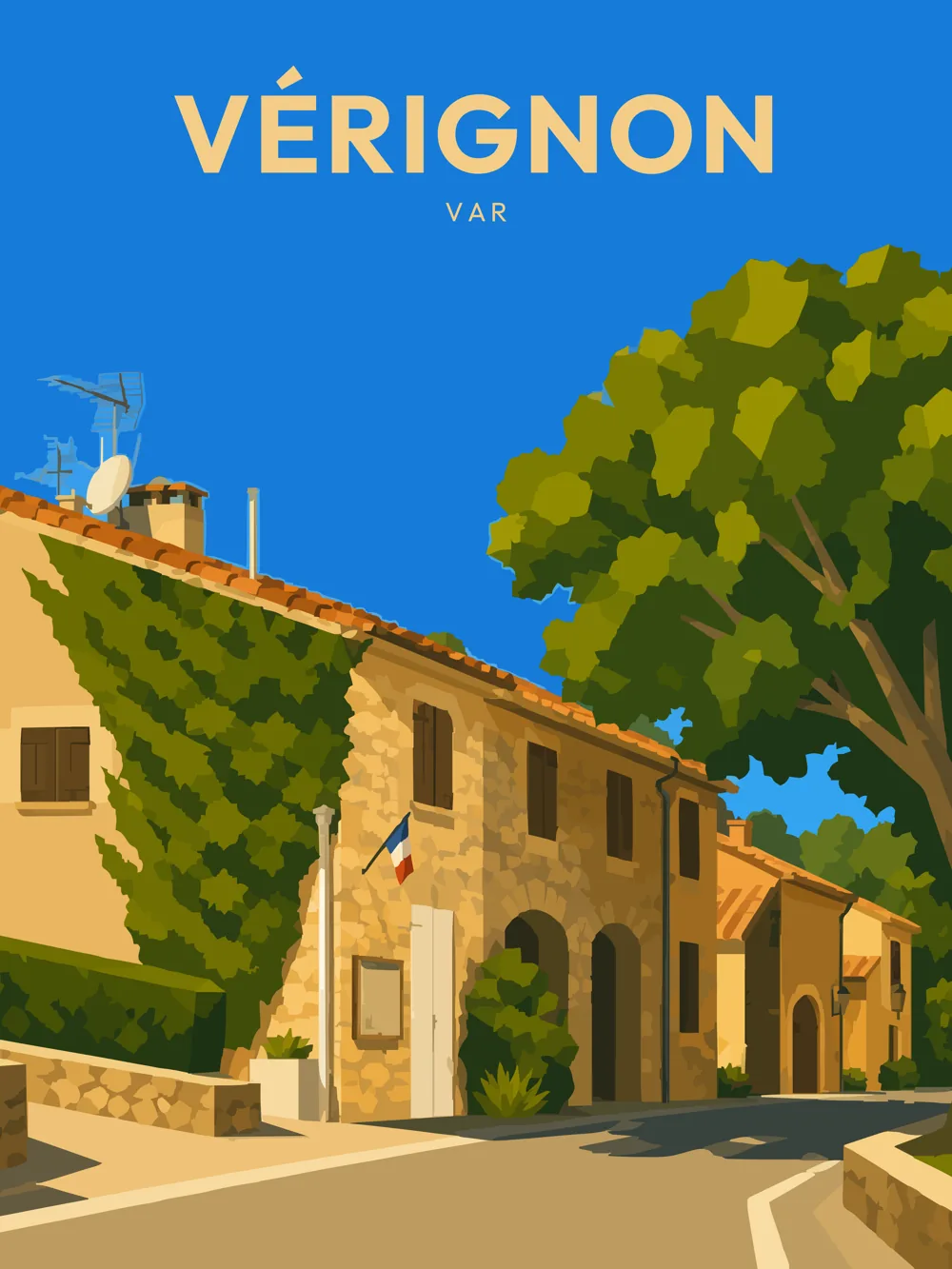 Illustration de Vérignon, dans le département du Var, réalisée dans un style d'affiche touristique vintage. L'image capture une rue paisible avec des maisons en pierre, ornées de verdure, sous un ciel bleu éclatant. La composition met en avant les détails architecturaux des façades, avec des éléments naturels comme des arbres et des plantes. Vérignon est réputée pour son ambiance provençale et son patrimoine architectural. Ce village offre un cadre de vie agréable, reflet de la richesse du patrimoine local.