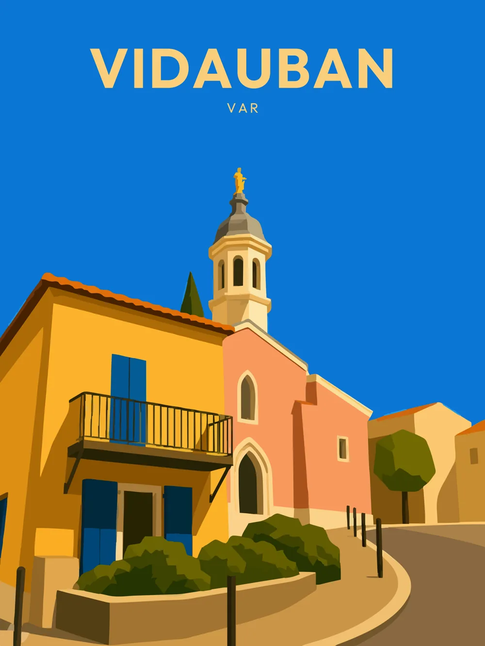 Illustration de Vidauban, dans le département de Var, réalisée dans un style d'affiche touristique vintage. L'image montre un angle de rue avec des maisons aux façades colorées, un clocher élancé et une végétation verdoyante. Le ciel bleu éclatant contraste avec les teintes chaudes des bâtiments, créant une ambiance lumineuse et ensoleillée. Vidauban est célèbre pour son charme provençal et son riche patrimoine architectural, offrant une expérience authentique aux visiteurs. Le patrimoine local est valorisé par cette illustration évoquant la douceur de vivre en Provence.