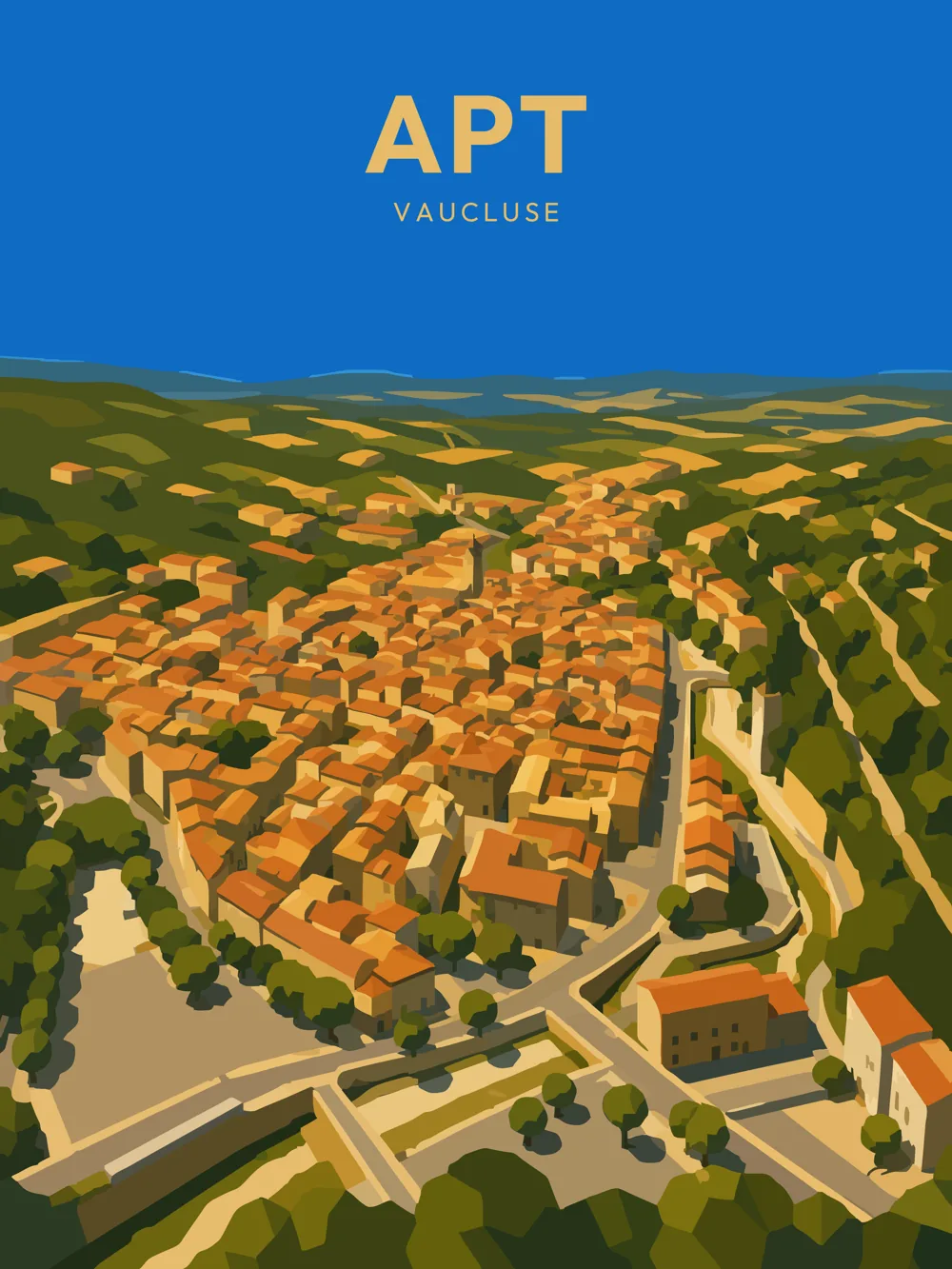 Illustration d'Apt, dans le Vaucluse, réalisée dans un style d'affiche touristique vintage. La composition offre une vue dominante sur le centre historique, ses ruelles, ses maisons aux toits de tuiles et les collines verdoyantes du Luberon qui s'étendent jusqu'à l'horizon. Une création inspirée de l'atmosphère authentique de la Provence intérieure.
