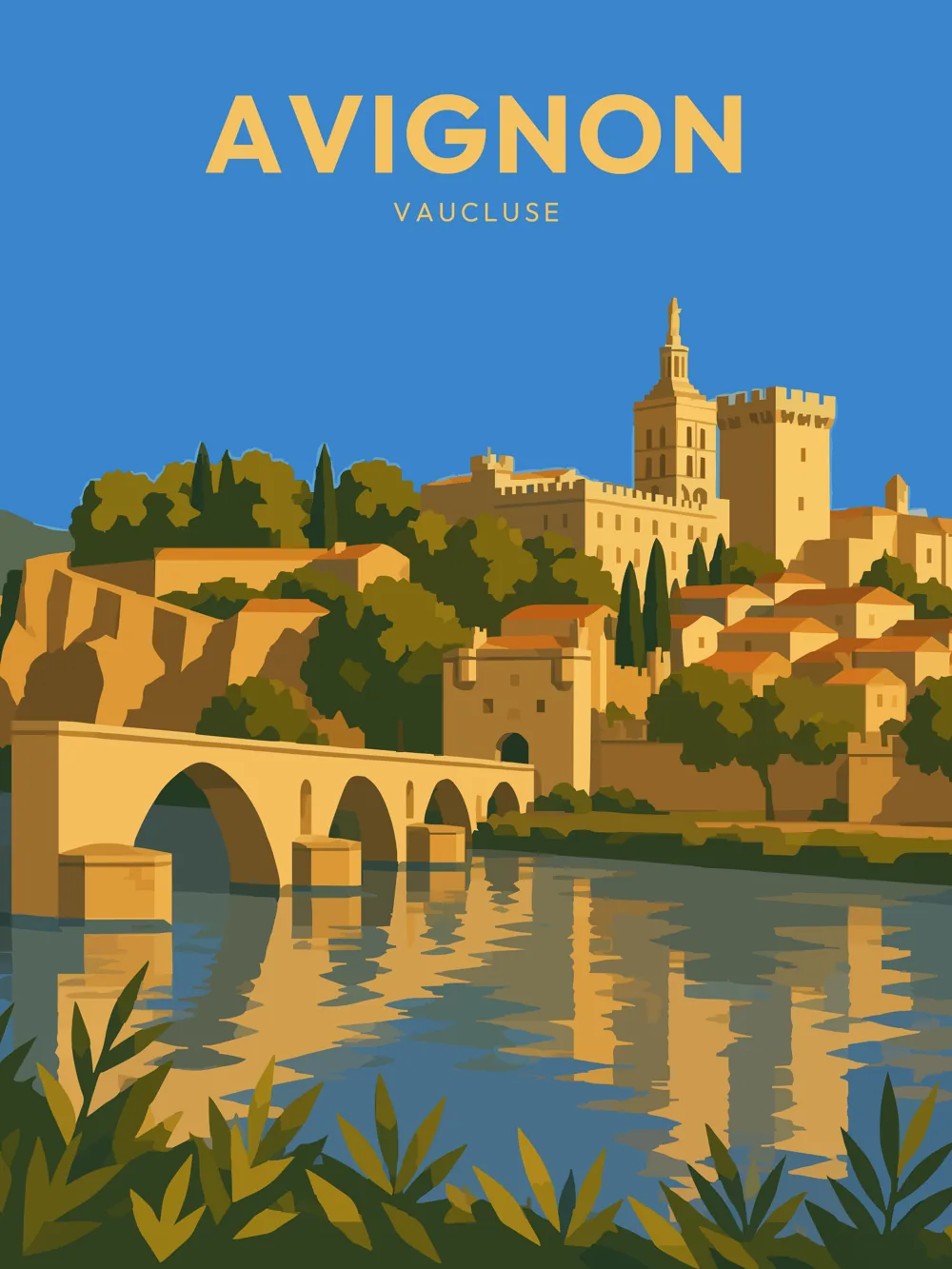 Illustration d'Avignon, dans le Vaucluse, réalisée dans un style d'affiche touristique vintage. La composition met en valeur le Pont Saint-Bénézet traversant le Rhône, les remparts de la ville et le Palais des Papes dominant la cité historique. Les reflets sur l'eau et les couleurs chaleureuses rappellent l'atmosphère lumineuse de la Provence et le patrimoine exceptionnel de la cité des papes.