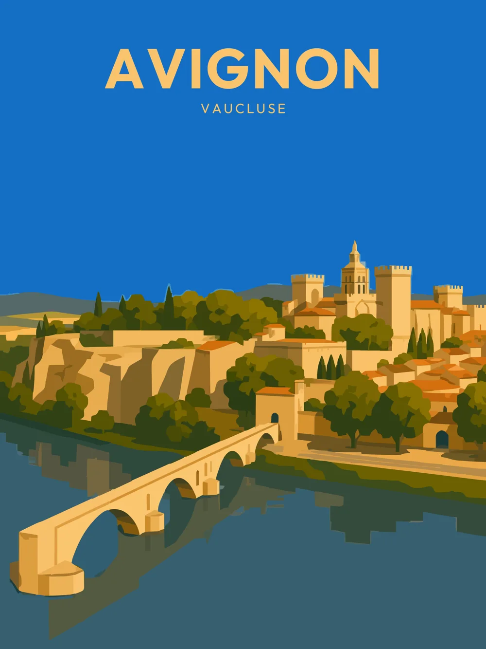 Illustration d'Avignon, dans le Vaucluse, réalisée dans un style d'affiche touristique vintage. La composition offre une vue panoramique sur le Pont Saint-Bénézet franchissant le Rhône vers les remparts et le Palais des Papes, dont les tours dominent la ville historique. Les falaises du Rocher des Doms et les couleurs lumineuses de la Provence renforcent l'atmosphère intemporelle de cette scène emblématique.