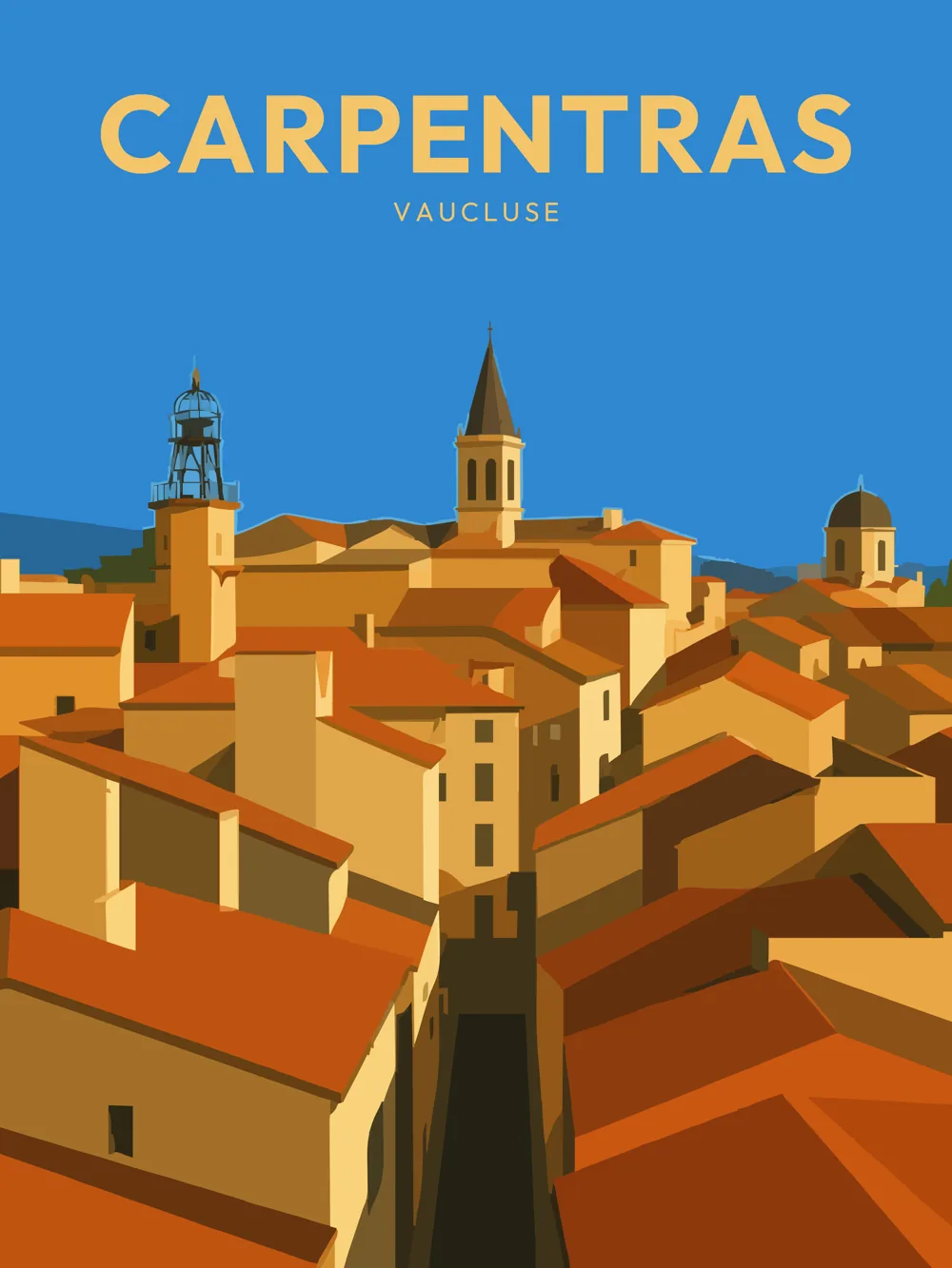 Illustration de Carpentras, dans le Vaucluse, réalisée dans un style d'affiche touristique vintage. La composition met en scène les toits ocres du centre historique, les clochers qui dominent la ville et les ruelles étroites typiques du Comtat Venaissin. Les couleurs chaudes et les formes géométriques rappellent les grandes affiches de voyage françaises et l'atmosphère authentique de la Provence.