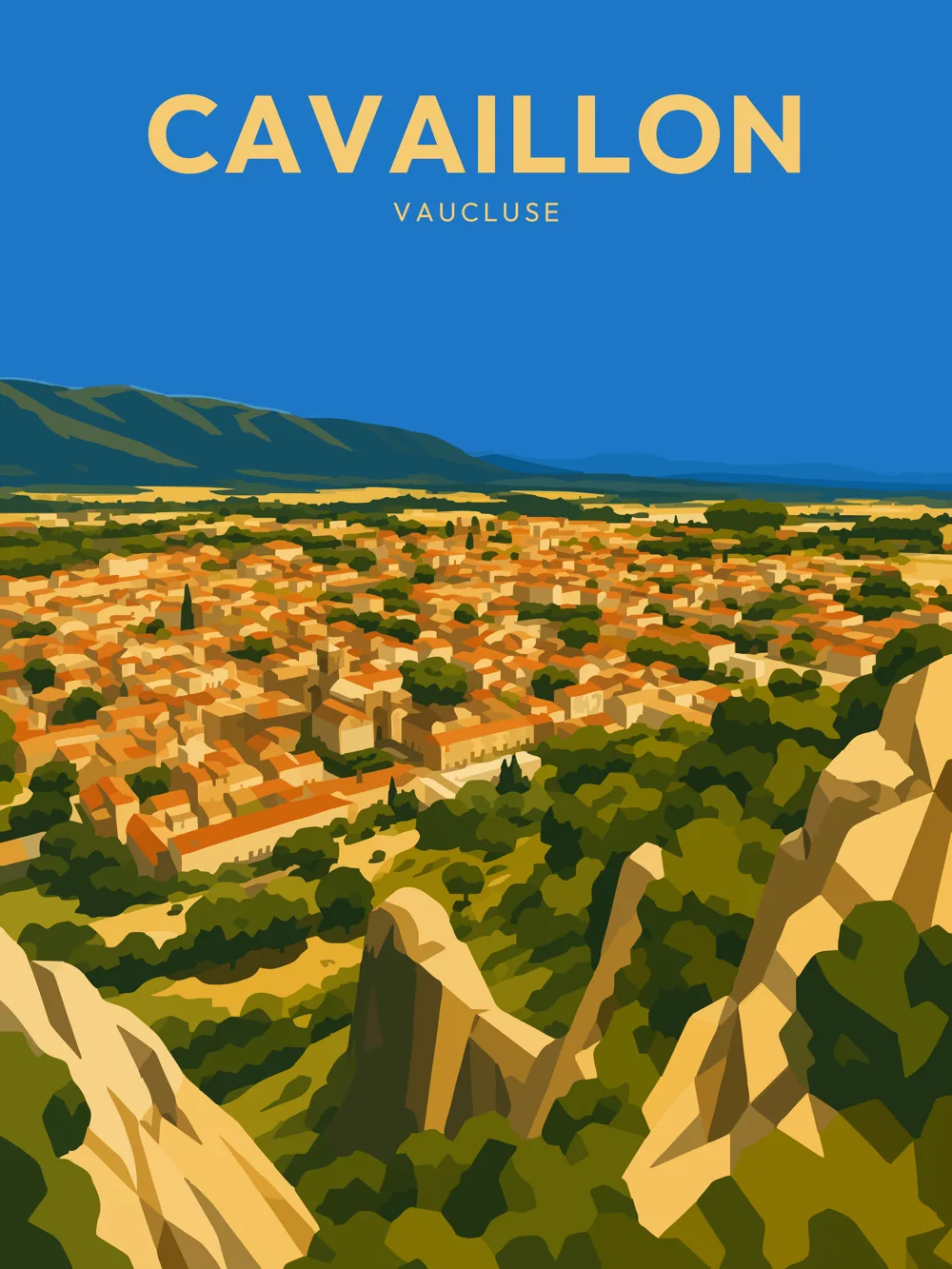 Illustration de Cavaillon, dans le Vaucluse, réalisée dans un style d'affiche touristique vintage. La composition montre une vue panoramique depuis la colline Saint-Jacques, encadrée par les falaises calcaires qui dominent la ville. Les toits ocres de Cavaillon s'étendent au cœur de la plaine provençale, avec les reliefs du Luberon à l'horizon, dans une palette chaleureuse inspirée des anciennes affiches de voyage françaises.