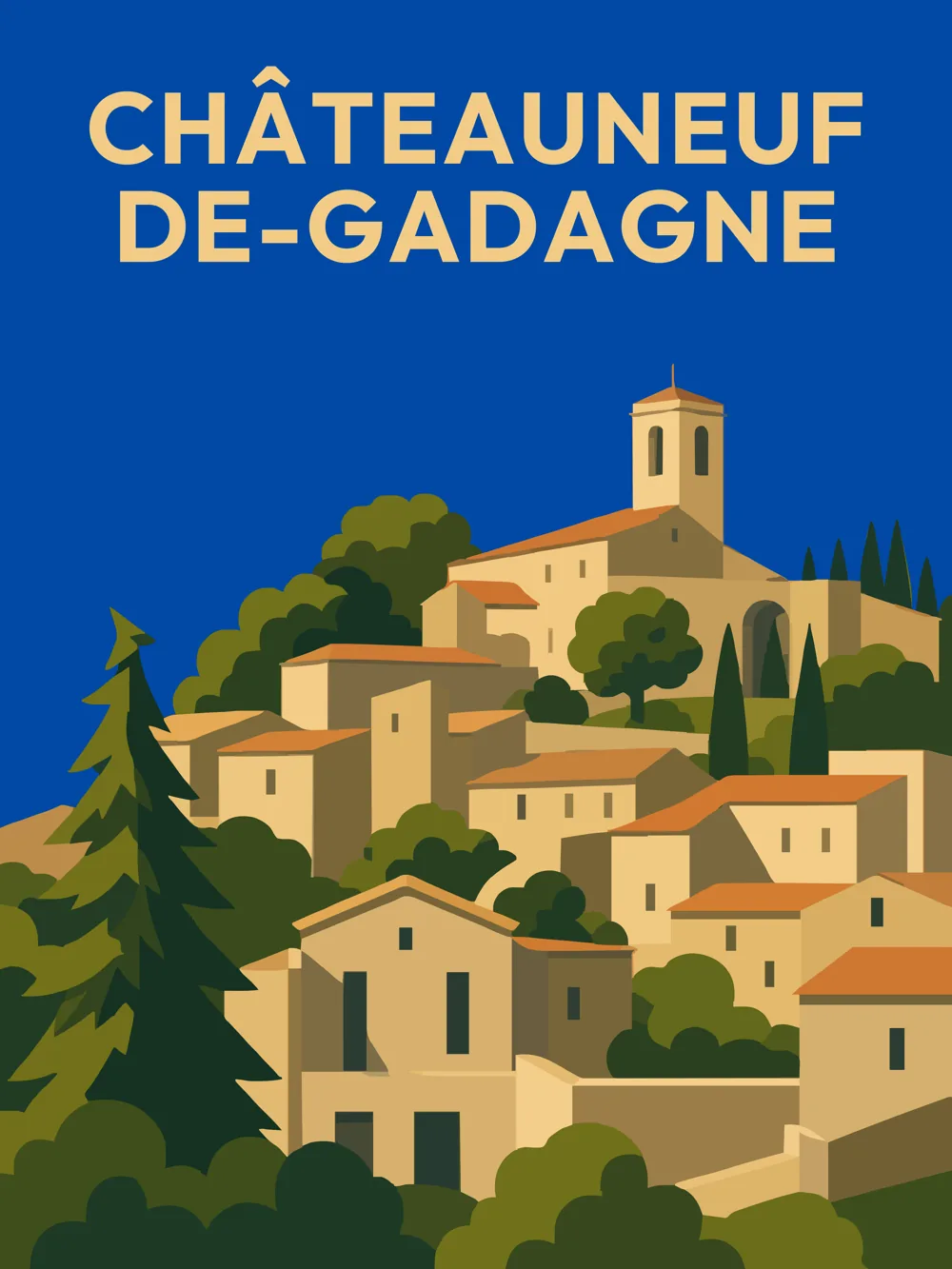 Illustration de Châteauneuf-de-Gadagne dans le Vaucluse réalisée dans un style d'affiche touristique vintage. L'image représente le village perché dominé par l'église Saint-Jean-Baptiste, les maisons provençales aux toits de tuiles et la végétation méditerranéenne qui entoure cette commune emblématique de Provence.