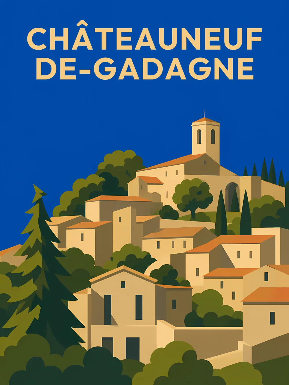 Illustration de Châteauneuf-de-Gadagne dans le Vaucluse réalisée dans un style d'affiche touristique vintage. L'image représente le village perché dominé par l'église Saint-Jean-Baptiste, les maisons provençales aux toits de tuiles et la végétation méditerranéenne qui entoure cette commune emblématique de Provence.