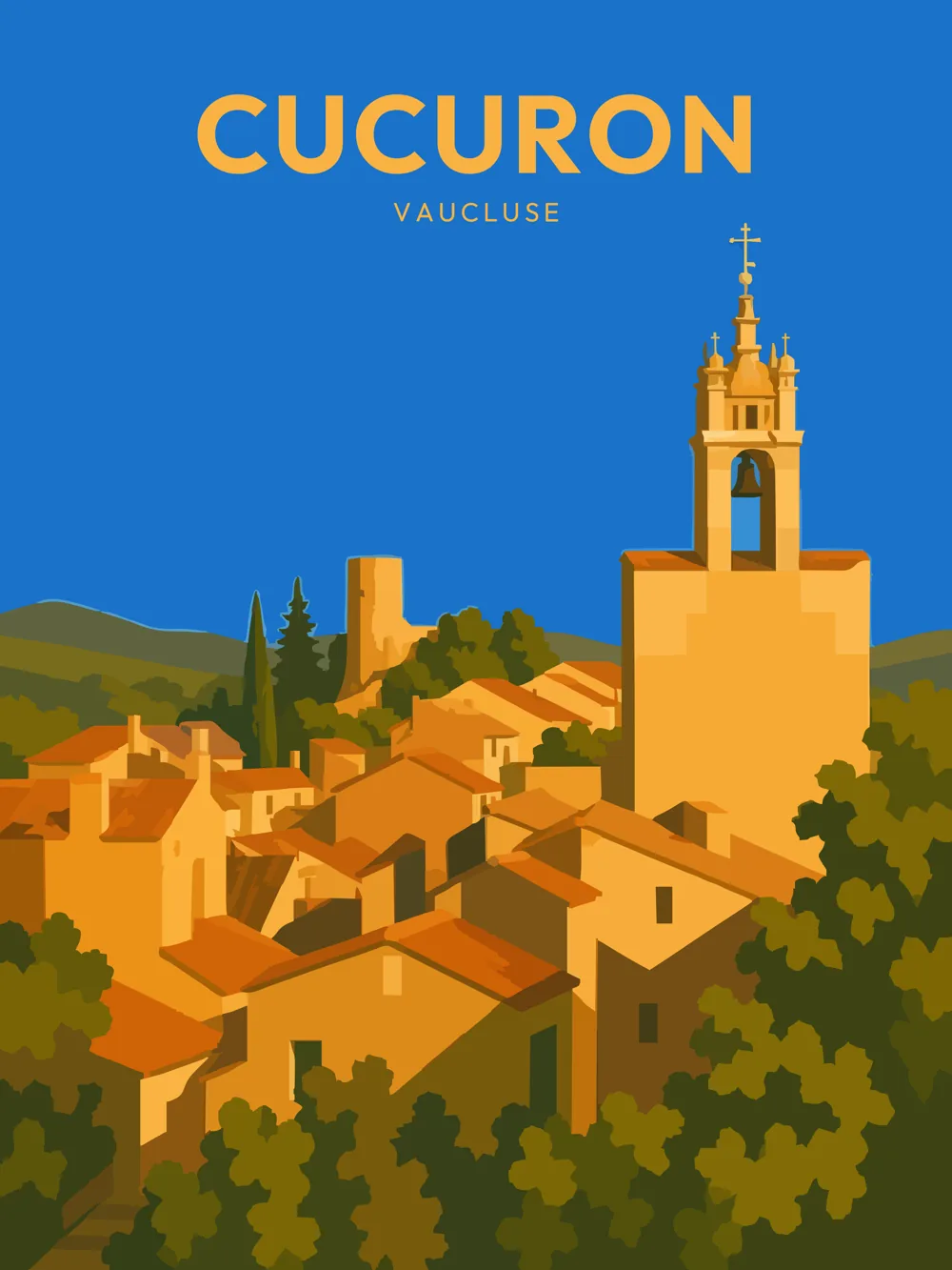 Illustration de Cucuron, dans le département de Vaucluse, réalisée dans un style d'affiche touristique vintage. Cette composition met en avant le clocher de Cucuron surplombant un ensemble de maisons provençales aux teintes dorées, entourées de verdure. Le ciel bleu vif contraste avec les couleurs chaudes des bâtiments, créant une ambiance ensoleillée. La commune est remarquable par son patrimoine architectural et ses paysages typiques de Provence. Le patrimoine local de Cucuron est à valoriser pour sa beauté et son histoire.