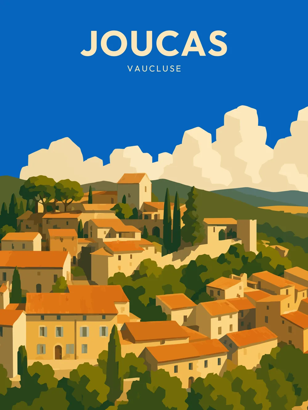Illustration de Joucas, dans le Vaucluse, réalisée dans un style d'affiche touristique vintage. La composition représente ce village perché du Luberon avec ses maisons en pierre aux toits orangés, ses cyprès emblématiques, ses ruelles discrètes et les collines provençales qui s'étendent à l'horizon. Les teintes chaudes et la lumière méditerranéenne rappellent le caractère paisible et authentique de l'un des plus beaux villages du Luberon.