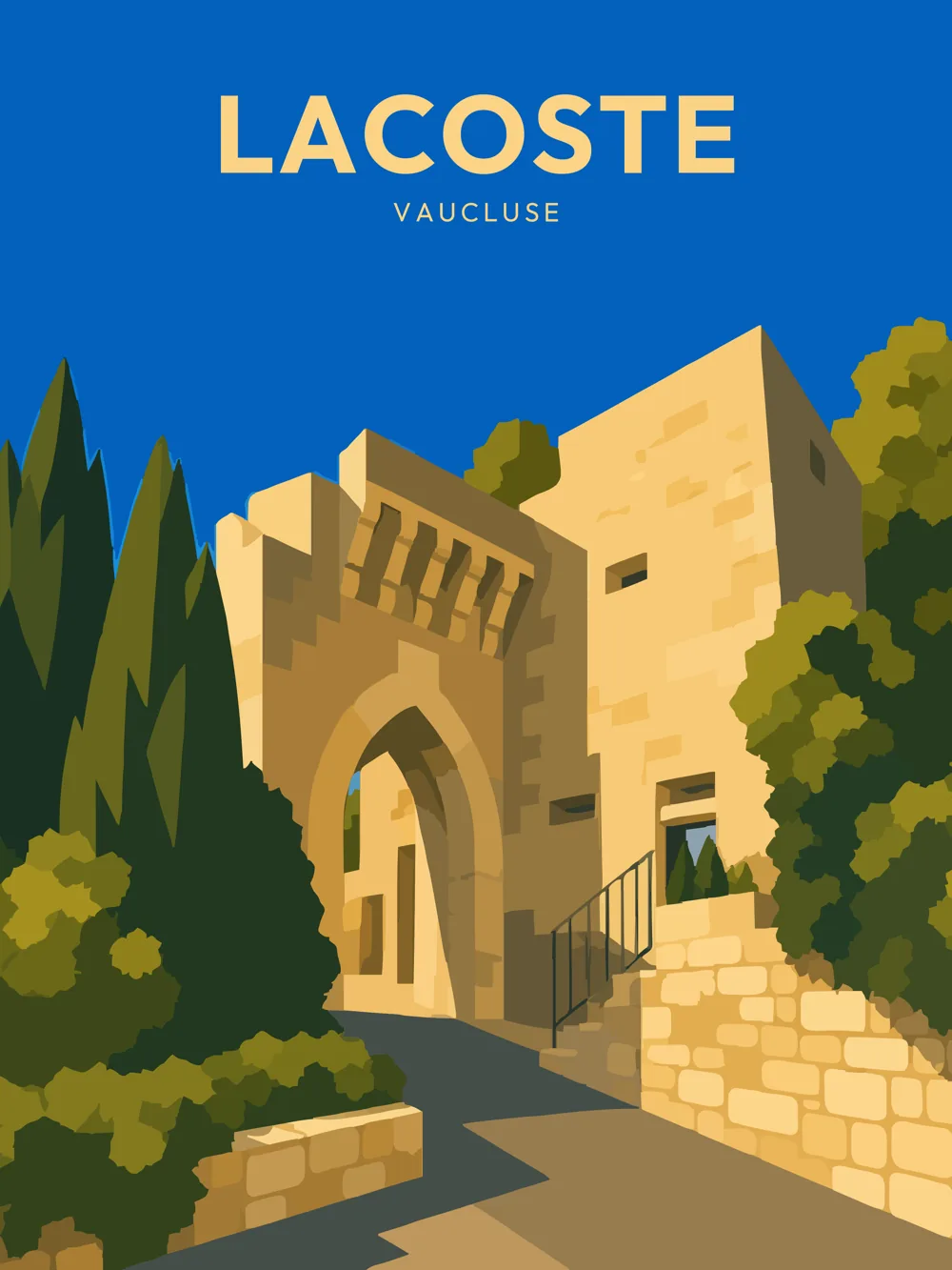 Illustration de la Porte du Château de Lacoste, dans le Vaucluse, réalisée dans un style d'affiche touristique vintage. La composition met en scène l'entrée fortifiée du château avec sa grande arche en pierre, les murs ocre baignés de soleil, les cyprès et la végétation méditerranéenne qui entourent ce monument emblématique du village perché. Les formes épurées et les couleurs chaleureuses rendent hommage au patrimoine historique et à l'atmosphère authentique du Luberon.