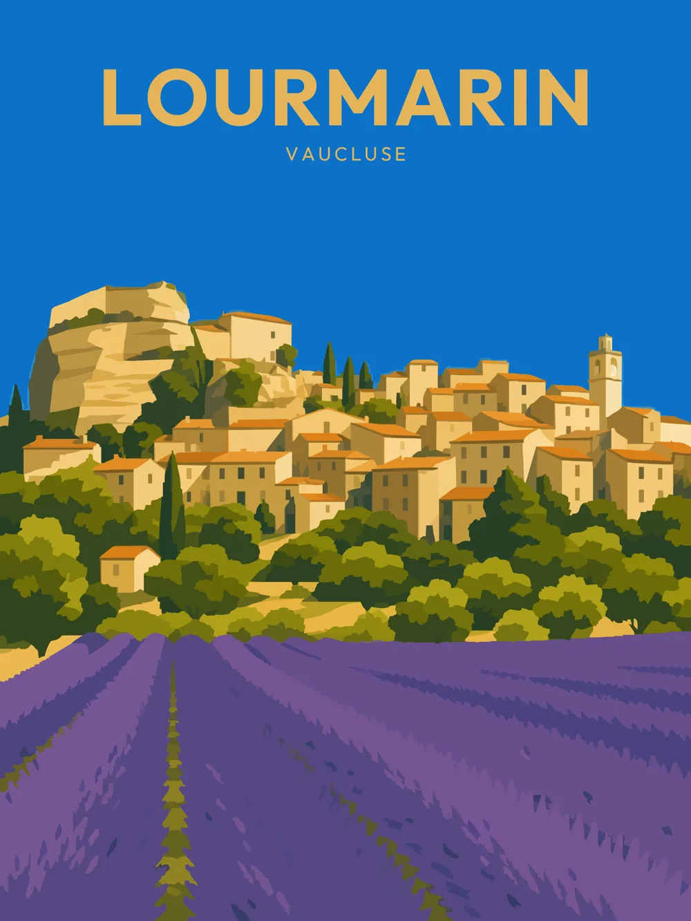 Illustration de Lourmarin, dans le Vaucluse, réalisée dans un style d'affiche touristique vintage. La composition représente le village perché du Luberon avec ses maisons en pierre aux toits de tuiles, son clocher, les falaises environnantes et de vastes champs de lavande au premier plan. Les couleurs chaudes de la Provence contrastent avec les teintes violettes des lavandes et évoquent l'une des images les plus emblématiques du paysage provençal.