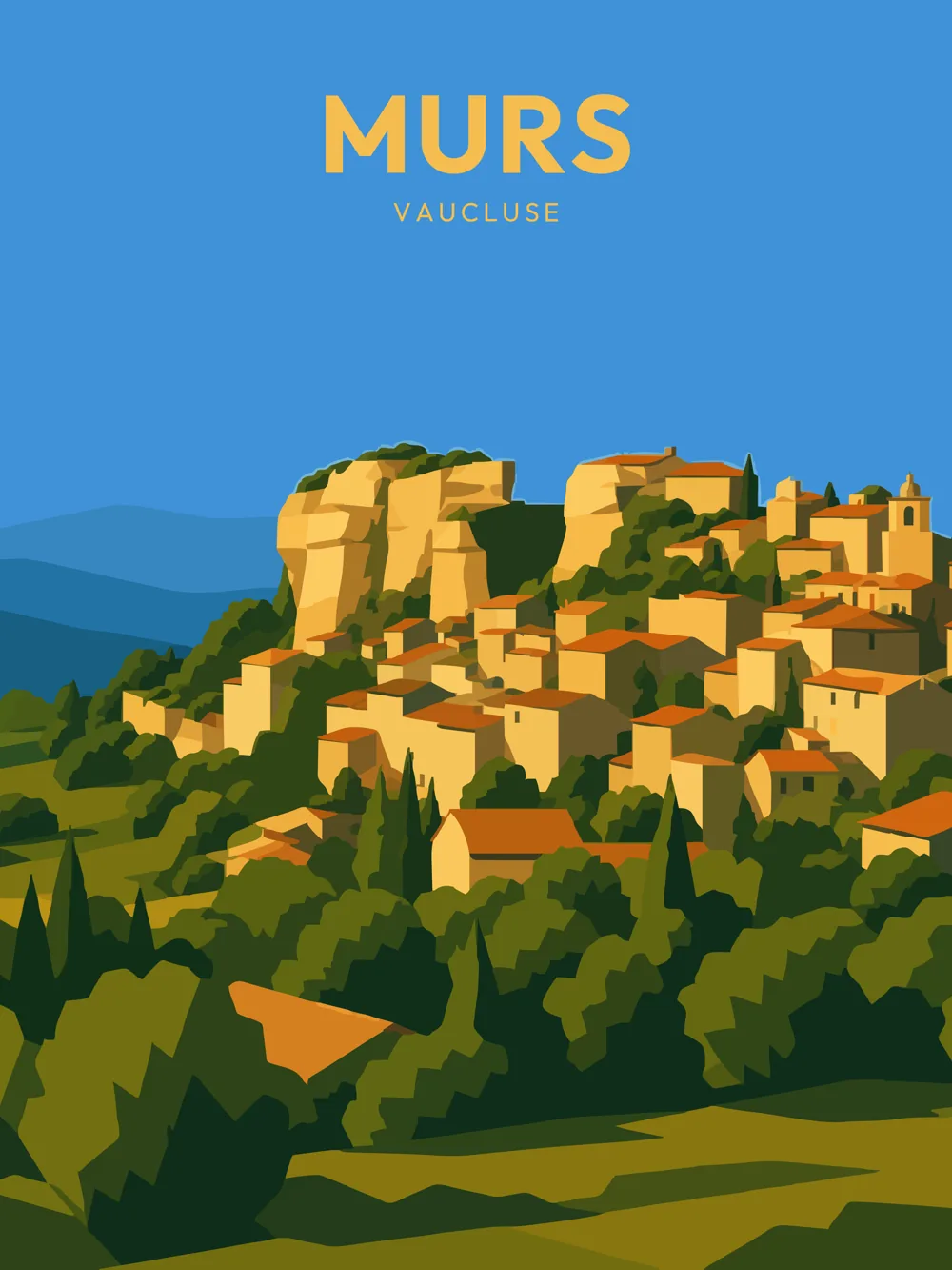 Illustration de Murs, dans le Vaucluse, réalisée dans un style d'affiche touristique vintage. La composition représente ce village perché du Luberon dominé par ses falaises calcaires, avec ses maisons en pierre aux toits de tuiles, son clocher, les cyprès et la végétation méditerranéenne qui l'entourent. Les couleurs chaleureuses et les formes épurées rendent hommage au charme authentique et aux paysages préservés de ce village provençal.