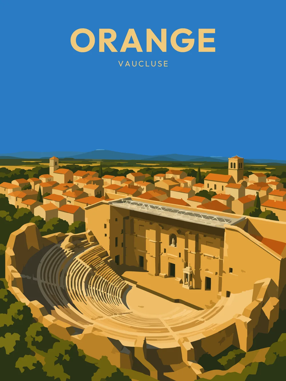 Illustration du Théâtre antique d'Orange, dans le Vaucluse, réalisée dans un style d'affiche touristique vintage. La composition représente l'impressionnant théâtre romain avec ses gradins semi-circulaires, son célèbre mur de scène remarquablement conservé et les toits du centre historique d'Orange en arrière-plan. Les couleurs chaudes et les formes épurées mettent en valeur l'un des plus grands monuments antiques de France, inscrit au patrimoine mondial de l'UNESCO.