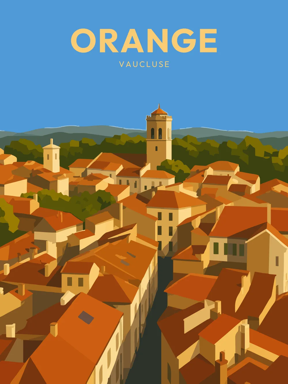 Illustration du centre historique d'Orange, dans le Vaucluse, réalisée dans un style d'affiche touristique vintage. La composition représente les ruelles bordées de maisons aux façades claires et aux toits de tuiles, dominées par le clocher de la ville, avec les paysages provençaux en arrière-plan. Les couleurs chaudes et les formes géométriques évoquent l'atmosphère lumineuse et le patrimoine remarquable de cette cité historique, célèbre pour ses monuments romains inscrits au patrimoine mondial de l'UNESCO.