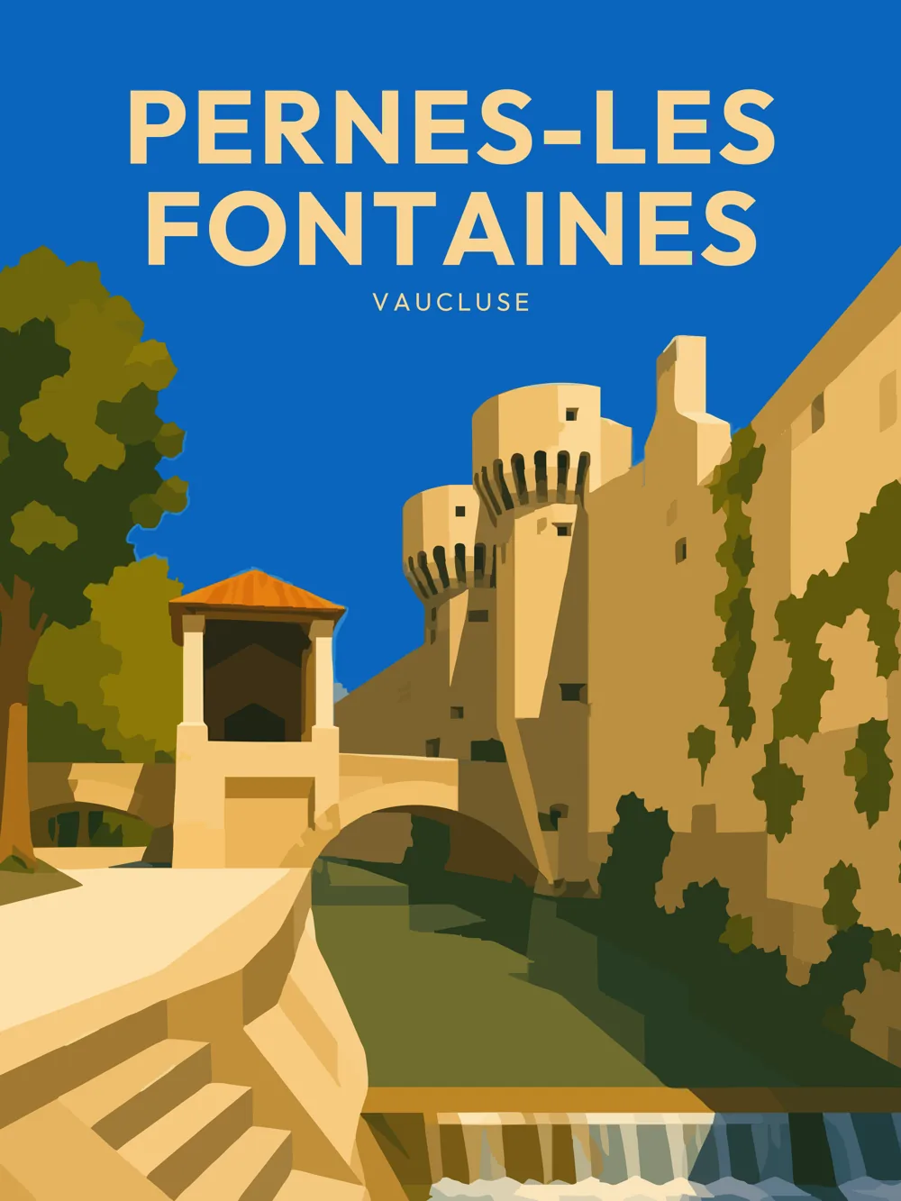 Illustration du château de Pernes-les-Fontaines, dans le Vaucluse, réalisée dans un style d'affiche touristique vintage. La composition représente les tours fortifiées, les anciens remparts, le pont franchissant les douves et l'architecture médiévale qui fait la renommée de cette ancienne cité comtadine. Les formes géométriques, les couleurs chaleureuses et la lumière provençale mettent en valeur le patrimoine historique de Pernes-les-Fontaines, célèbre pour ses nombreuses fontaines et son centre ancien préservé.