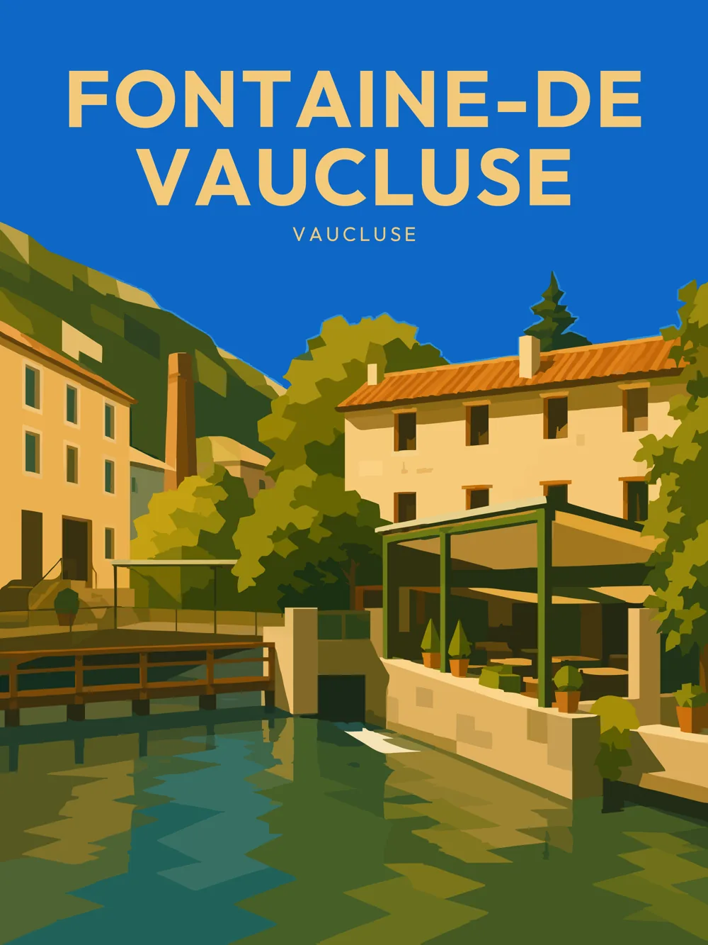 Illustration de Fontaine-de-Vaucluse, dans le Vaucluse, réalisée dans un style d'affiche touristique vintage. La composition met en valeur les eaux calmes de la Sorgue longeant les maisons du village, les terrasses ombragées et les falaises calcaires qui dominent le site. Les couleurs chaudes de la Provence contrastent avec les reflets de la rivière, évoquant l'atmosphère paisible de l'un des plus beaux sites naturels du Luberon.